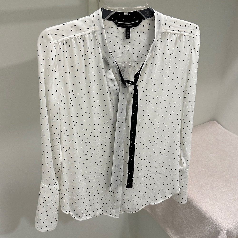 Evelyn Long Sleeve Ecru Blouse with Black Dots | Size 0 | WHBM
